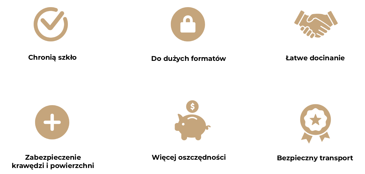 Obraz przedstawia sześć ikon opisujących zalety przekładek arkuszowych do szkła.